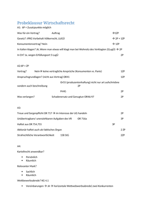 Wirtschaftsrecht: Probeklausur + Lösung