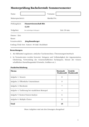 Finanzwissenschaft Musterprüfung 2006