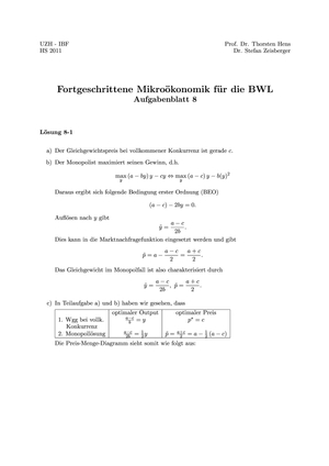 Fortgeschr. Mikro für BWL HS11 Übung 8 Lösung