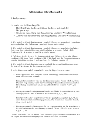 Mikro II: Selbststudium Budgetmengen 1 + Lösung