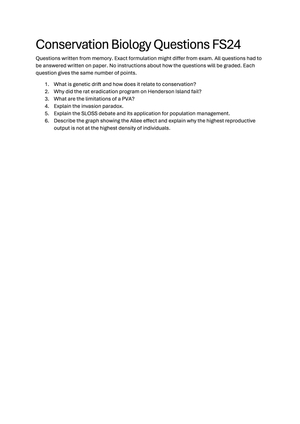 Exam Questions Conservation Biology FS 24