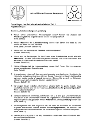 Repetitionsfragen HRM - Arbeitsbewertung/-gestalt.