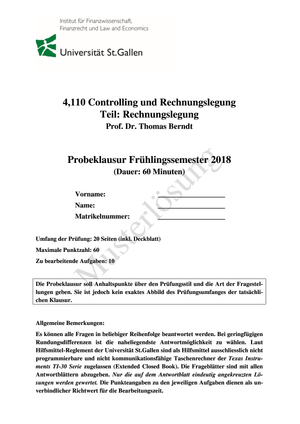Probeklausur Rechnungslegung FS18 inkl. Lösung