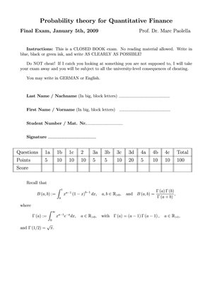 Probability Theory HS08