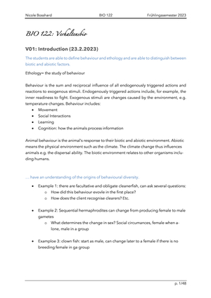 Zusammenfassung BIO 122 Verhaltensbiologie