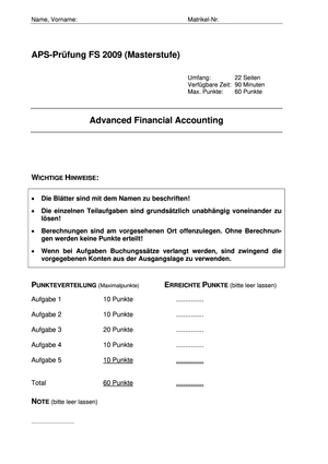 Prüfung Advanced Financial Accounting FS09