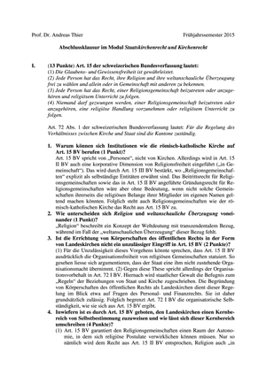 Kirchen-/Staatskirchenrecht Prüfung FS15