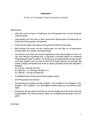 Arbeitsrecht I Prüfung 2012