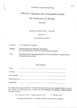 alte Chemieprüfung und zus. Aufgaben.