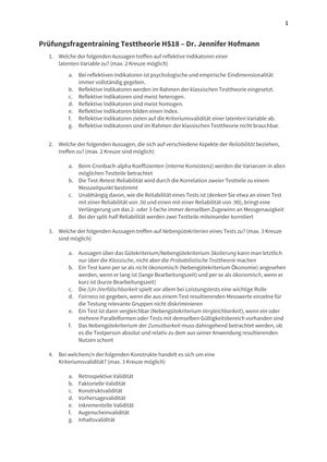Prüfungsfragentraining Testtheorie HS18