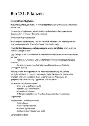 Bio 121 ZF (nur Pflanzenteil, ca. 6 Vorlesungen)