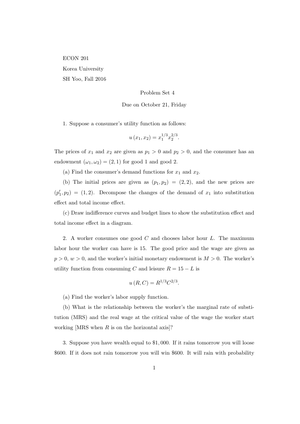 Korea University ECON201: Problem Set 4 Fall16