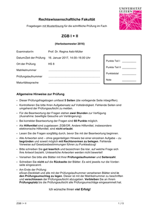 ZGB I und II Prüfung HS16