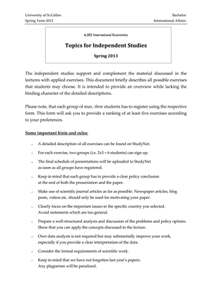 Topics for independent studies FS13