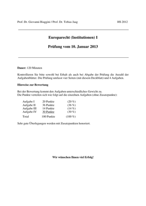 Europarecht (Institutionen) I Prüfung 2012