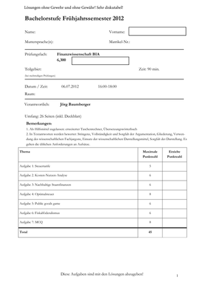 Finanzwissenschaft Prüfung 2012 + Lösungen