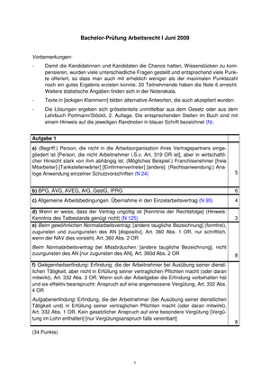 Arbeitsrecht I (Bachelor) Prüfung 2009 + MuLö