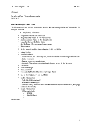 Privatrechtsgeschichte Prüfung 2013 #1Musterlösung