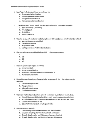 Kahoot Fragen Entwicklungspsychologie 1