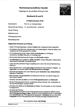 Strafrecht III und IV Prüfung FS16