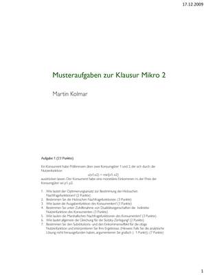 Mikro II: Musterklausur + Lösungen