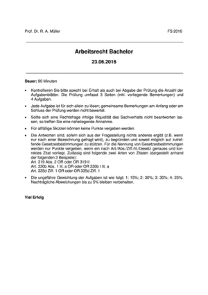 Arbeitsrecht Prüfung FS16 (Sachverhalt + Lösung)