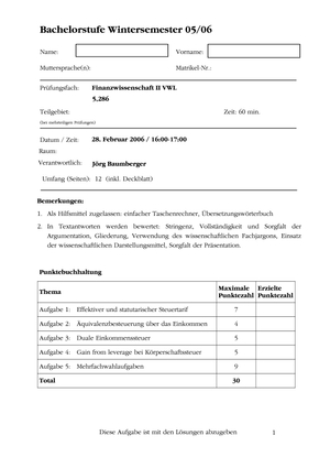 Finanzwissenschaft II Prüfung 2006 + Lösungen