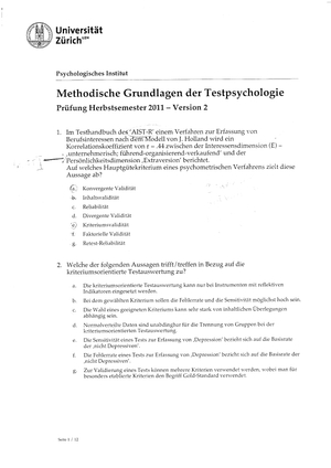 Testpsychologie Prüfung 2011