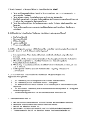 Entwicklungspsychologie 3: Übungsfragen