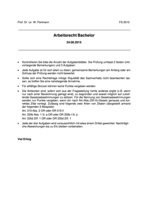 Arbeitsrecht Prüfung FS15 (Sachverhalt)