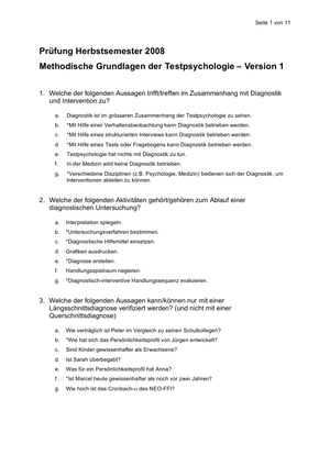 Testpsychologie Prüfung 2008 Lösungen
