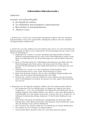 Mikro II: Selbststudium Auktionen 1 + Lösung