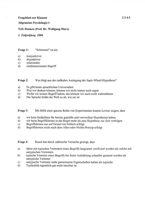 Allg. Psycho 1: Denken Prüfung 2006 Lösungen