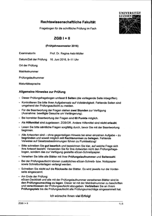ZGB I und II Prüfung FS16