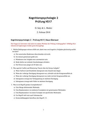 Kognitionpsychologie 2 - Prüfungsbericht HS17
