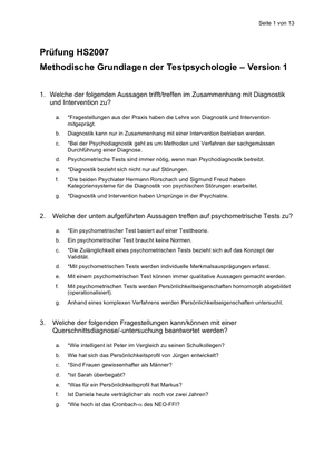 Testpsychologie Prüfung 2007 Lösungen