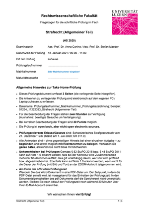 Prüfung Strafrecht Allgemeiner Teil HS20