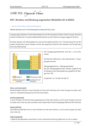 Zusammenfassung CHE 172 Organische Chemie