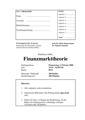 Finanzmarkttheorie Prüfung HS1999