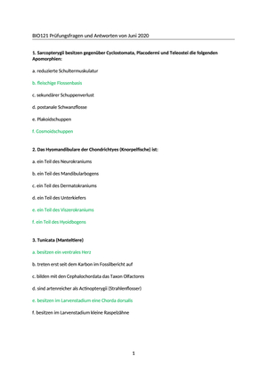 BIO121 Prüfungsfragen und Antworten von Juni 2020 (Online Prüfung)