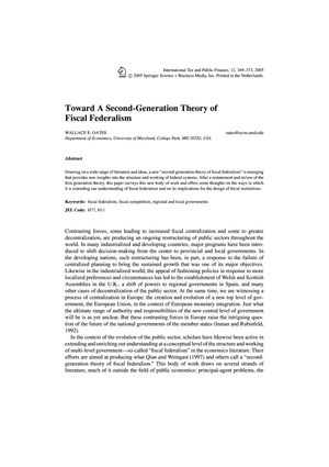 FiWi Oates Fiscal Federalism Second Generation