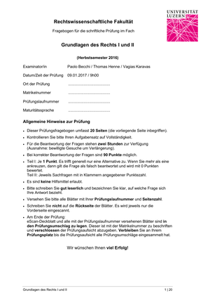 Grundlagen des Rechts I und II Prüfung HS16