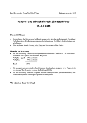 Handels-/Wirtschaftsrecht Ersatzprüfung FS15