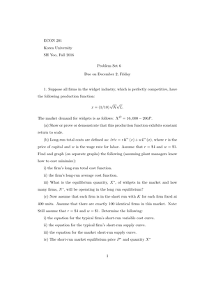 Korea University ECON201: Problem Set 6 Fall16
