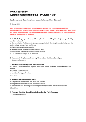 Kognitionspsychologie 2 Prüfungsbericht HS19
