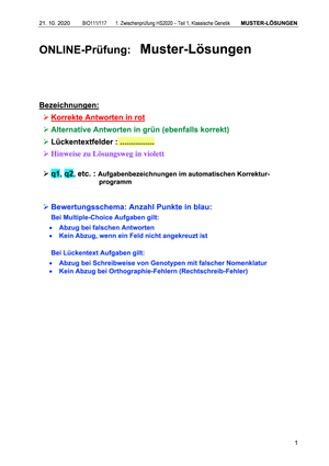 Klassische Genetik - 1.Zwischenprüfung (2020) - Lösungen