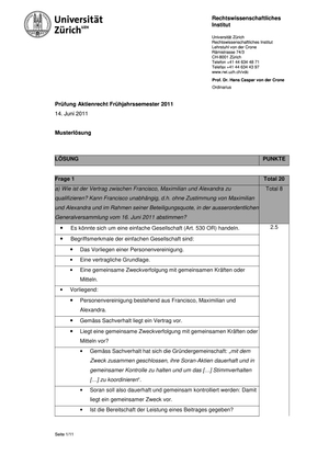 Aktienrecht Prüfung 2011 Musterlösung