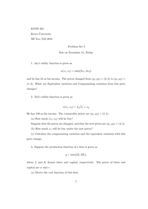 Korea University ECON201: Problem Set 5 Fall16