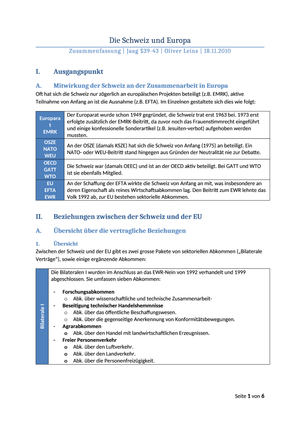 Schweiz und Europa Zusammenfassung