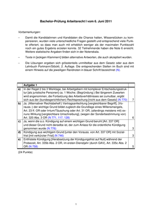 Arbeitsrecht I (Bachelor) Prüfung 2011 + MuLö